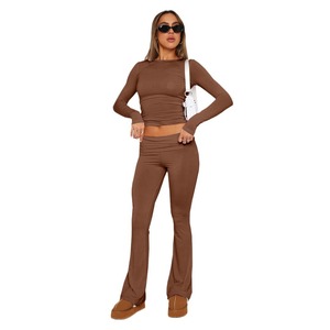 Nouveau pantalon décontracté taille basse à pattes d'éléphant, chemisier amincissant de couleur unie pour femme - Product Image 5