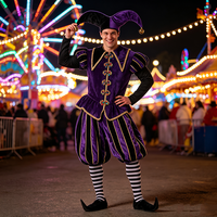 Costume de bouffon médiéval de luxe pour homme en velours violet pour Halloween, carnaval, déguisement avec chapeau à cloche