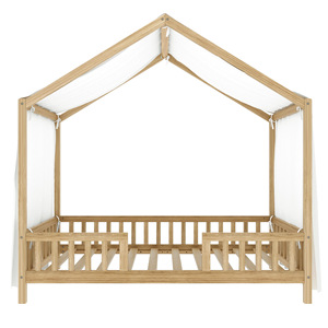 Lit enfant style cabane en bois avec barrières de sécurité complètes, lit tente au sol, couleur blé, structure durable, chambre d'enfant - Product Image 5