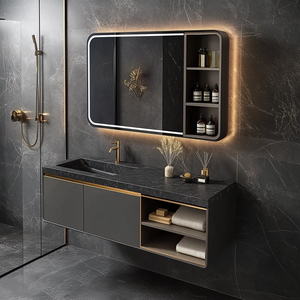 Mueble de Baño Flotante de Lujo Personalizado en Gris Oscuro <span class=keywords><strong>con</strong></span> Encimera de Mármol Negro, Detalles en Dorado, Espejo LED y Estantes Abiertos para Hotel o Villa - Product Image 3