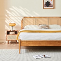 Cabecera de Ratán Francés con Marco de Madera de Caucho Estilo Japandi, Cama Moderna para Niños / King / Queen para Dormitorio Principal de Hotel, Muebles de Medio Oriente