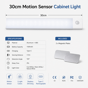 30CM Rechargeable Motion Sensor Cabinet <b>Light</b>, 30 LED 3 Color Dimmable Type-C Under Cabinet <b>Light</b> for Kitchen Wardrobe Closet - Product Image 4