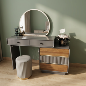 Modern Makeup <b>Vanity</b> <b>Table</b> with Lighted <b>Mirror</b> Gray Metal and Wood Storage Desk for Bedroom Furniture - Product Image 4