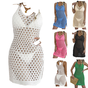 Vestido de playa hueco con apliques de ganchillo hecho a mano para mujer, cubrebikini de punto a máquina, sin mangas, estilo bohemio, ecológico, 100% poliéster - Product Image 1