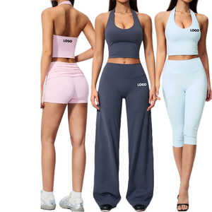 Conjunto de Yoga para Mujer, Top Corto Halter Sólido, Leggings de Cintura Alta, Transpirable, Sin Costuras, 4 Piezas, Ropa Deportiva, Spandex Antibacterial - Product Image 1