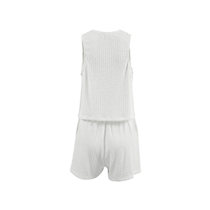 Ensemble deux pièces d'été 2026 pour <span class=keywords><strong>femme</strong></span> : Haut <span class=keywords><strong>gilet</strong></span> sans manches blanc texturé avec nœud papillon et short taille haute – Tenue décontractée de plage - Product Image 5