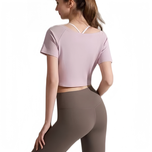 Nueva <span class=keywords><strong>Camiseta</strong></span> Deportiva de Verano para Mujer, Diseño Personalizado AL, Sexy, con Patrón Trenzado, Color Sólido, Manga Corta, para Fitness, Yoga, Secado Rápido - Product Image 6