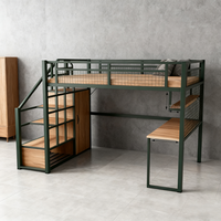 Lit mezzanine en acier robuste avec escalier en bois, adapté aux lits simples, doubles ou queen size, convient aux adultes