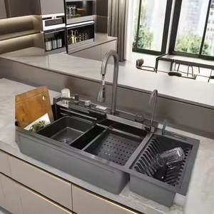 Évier de cuisine intelligent moderne en acier inoxydable 304 <span class=keywords><strong>noir</strong></span> avec drain en cascade et installation sous plan, doté d'un égouttoir et d'un plateau de séchage - Product Image 3