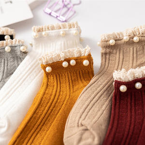 Socquettes en coton à perles pour femmes, ensemble de 3 paires de chaussettes pour femmes, à la mode, style Lolita décontracté, <span class=keywords><strong>Lot</strong></span> de dentelle japonaise, couleur unie pour filles, pantoufles à la cheville de princesse - Product Image 1
