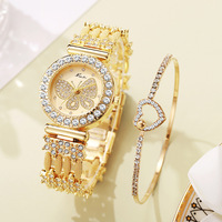 Set Jam Tangan Dua Bagian Baru Model Gelang Hati Grosir Jam Tangan Wanita Kristal Bertahtakan Kupu-kupu dan Bunga