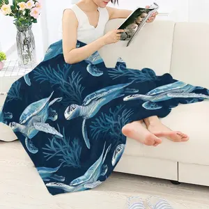 Indigo Sea Turtle Sea Grass Custom Design Flannel Blanket