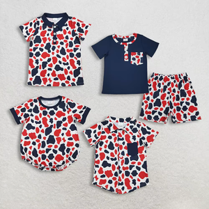Vêtements d'été en gros pour enfants : Tenue bébé garçon motif camouflage bleu marine et rouge, barboteuse et chemise pour le 4 juillet - Product Image 1