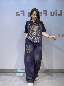 Completo Estivo da Donna <span class=keywords><strong>Taglie</strong></span> <span class=keywords><strong>Forti</strong></span> con Pantaloni Dritti e Top a Maniche Corte Tie-Dye con Strass, in Cotone Spandex, Stile Casual Europeo Americano - Product Image 4