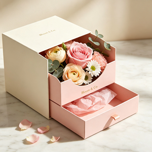 Double Drawer <b>Flower</b> Gift <b>Box</b> With Pink Roses And Eucalyptus High-End Paperboard Packaging <b>flower</b> packing <b>box</b> - Product Image 1