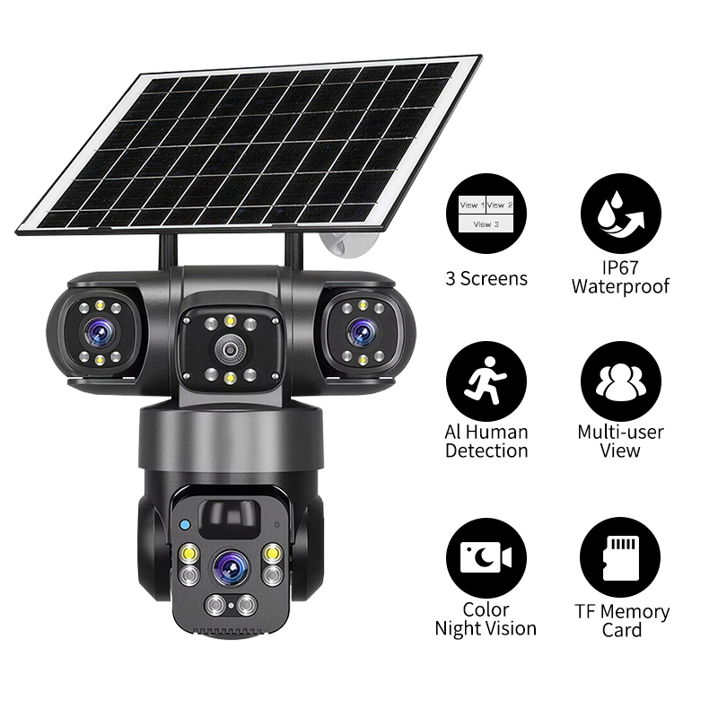 Wistino Outdoor 12MP HD Solar Battery Camera Three Lens Three Screen 360 ° Rotate Detection Alarm Solar 4G Camera