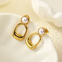 Boucles d'oreilles pendantes géométriques en acier inoxydable avec fausses perles creuses pour femme, idéales au quotidien