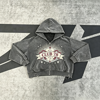 Sweat-shirt à capuche zippé gris streetwear effet délavé vintage, motif CLUB 78, pour homme et unisexe, vente en gros