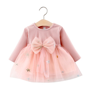 Vestido de Princesa con Parches de Malla para Niñas, Otoño 2020, Nuevo Estilo Informal con Lazo, Vestido Sólido a la Moda para Bebés - Product Image 1