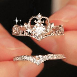 Platinum Plated Luxury Crown Zircon Stacked <b>Ring</b> 2pcs/set for Women Mirco Pave Sparkling Bling Zirconium <b>Diamond</b> <b>Ring</b> for Women - Product Image 4