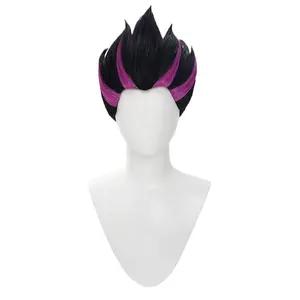 Peruca de anime para mulheres, peruca de cabelo curto com gradiente preto e roxo, jogo cosplay de anime de 14 polegadas sem franja para adereços de dramatização