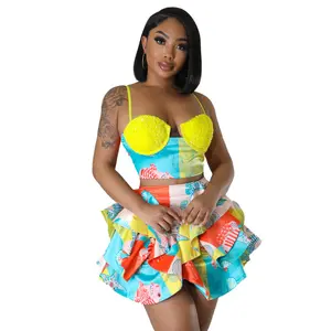 ZIYA A08S143 Top Selling Print Sequin Shorts 2 Piece Sets Women Club Wear Sexy