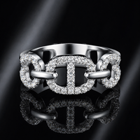 Bague JZ S925 en argent sterling avec chaîne cubaine creuse et moissanite, bague large pavée de moissanite ronde, style hip-hop, pour femmes