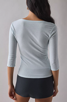 T-shirt ajusté bleu clair à col en V et manches 3/4 pour femme, coupe slim, extensible, basique, pour superposition, décontracté, usage quotidien, de l'usine source OEM/ODM