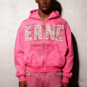 Streetwear recadrée délavé à l'acide sweats à capuche surdimensionnés hommes LOGO personnalisé coton unisexe strass Rivet graphique sweat à capuche zippé - Product Image 1