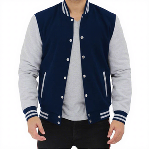 Veste universitaire en toile bleu marine pour homme Global Apparel, manches grises, fermeture boutonnée, respirante, antibactérienne, logo personnalisé imprimé - Product Image 2