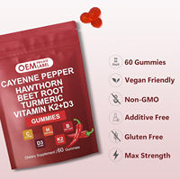 Complément de piment de Cayenne OEM, gommes à l'extrait de piment de Cayenne avec vitamine D3+K2, aubépine, betterave et curcuma pour la santé cardiaque