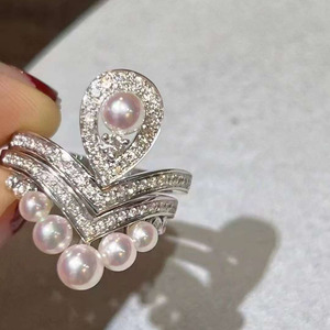 S925 <b>Silver</b> Aurora Freshwater Pearl Stackable <b>Ring</b>, 3-5mm Flawless Round Natural Pearl Paved Crystal V Shape <b>Stacking</b> <b>Ring</b> - Product Image 5