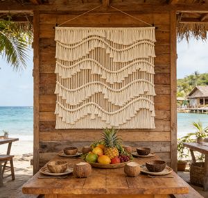 Tapiz de Macramé <span class=keywords><strong>Boho</strong></span> <span class=keywords><strong>Chic</strong></span> para Pared - Diseño de Ondas y Borlas en Capas, Algodón Natural, Decoración Rústica Costera Estilo Bali para <span class=keywords><strong>Casa</strong></span> de Playa y Regalo Festivo - Product Image 1