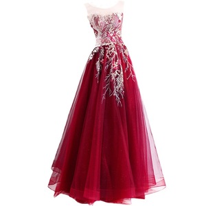 Elegant Burgundy Red A-Line Evening Dress With Floral Embroidery Scoop Neck Empire Waistline For Formal Events - Product Image 5
