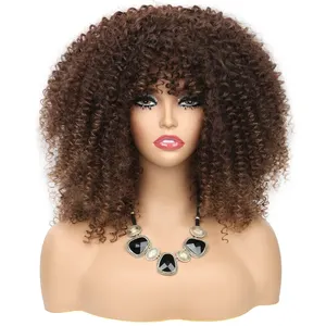 Wig keriting ikal Afro keluaran baru dengan poni untuk wanita warna hitam dengan lem 16 inci Wig rambut keriting panjang bom penuh dan halus
