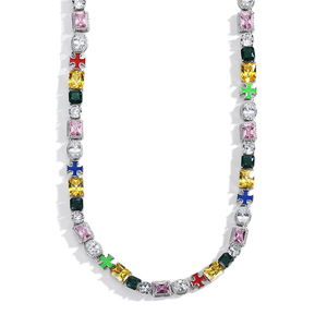 Colorful Gemstone <b>Bracelet</b> And Necklace <b>Set</b> Geometric Cross Design Silver Alloy Party Jewelry Fashion Hip Hop Style - Product Image 2