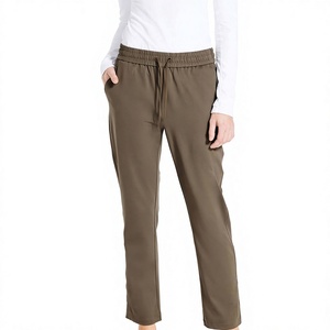 Women's Olive Green Straight Leg Ankle-Length Pants <b>Elastic</b> <b>Waist</b> Drawstring Casual <b>Trousers</b> With Pockets - Product Image 1