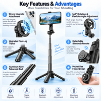 Mini trépied magnétique portable détachable pour téléphone avec télécommande Bluetooth sans fil pour vlogging, selfie, diffusion en direct