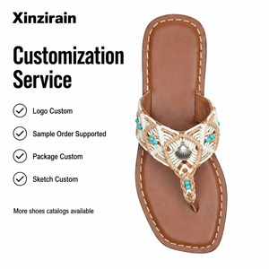 Xinzirain Özel Tasarım Örgülü Halat T-Askılı Düz Metal Boncuklu Kontrast Dikişli Kadın Ayakkabıları Günlük Bohem Düz Sandaletler - Product Image 1