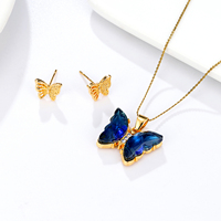Ensemble de bijoux OEM ODM en gros d'usine : boucles d'oreilles et collier papillon en acier inoxydable plaqué or avec cristaux, pour enfants et femmes, idéal comme cadeau
