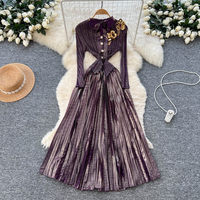 Robe décontractée élégante pour femme WIWT à manches longues, col montant, nœud plissé, coupe trapèze, avec décor floral, idéale pour le quotidien et les fêtes