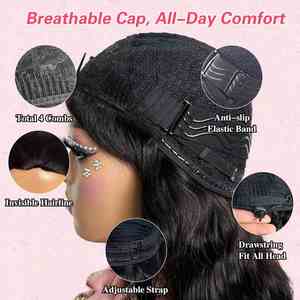 Demi-perruque en cheveux humains, ondulée, noir naturel, avec cordon de serrage, ligne de cheveux invisible, sans colle, prête à porter - Product Image 4