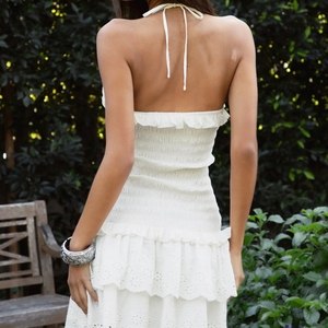 Robe d'été décontractée pour femme, la plus vendue, personnalisée, à col licou, smockée, à volants superposés, mini-robe en dentelle ajourée - Product Image 2