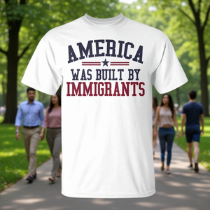 Camiseta America Was Built By Immigrants, blanca, unisex, talla para adultos S M L XL XXL - Product Image 1