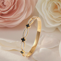 Bracelet Trèfle à Quatre Feuilles en Acier Inoxydable de Haute Qualité pour Femmes, Vente en Gros Usine, Plaqué Or Noir, Anti-Décoloration, Haut de Gamme