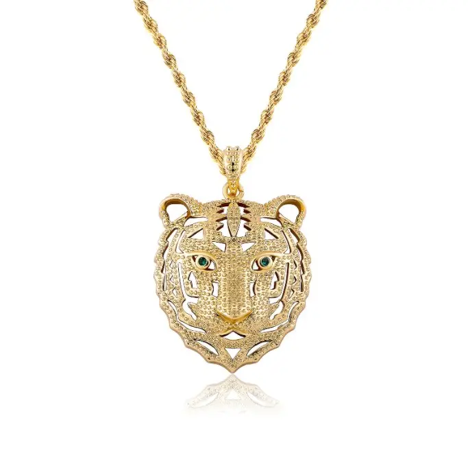Hip Hop Jewelry 14K Gold Plated Tiger Zodiac Animal with Green 3A CZ Pendant Men's Trendy Necklace Accessories