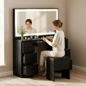 <span class=keywords><strong>Table</strong></span> de toilette moderne personnalisée, meuble de maquillage avec éclairage LED et prises électriques, <span class=keywords><strong>table</strong></span> de toilette en bois noir pour chambres à coucher - Product Image 2