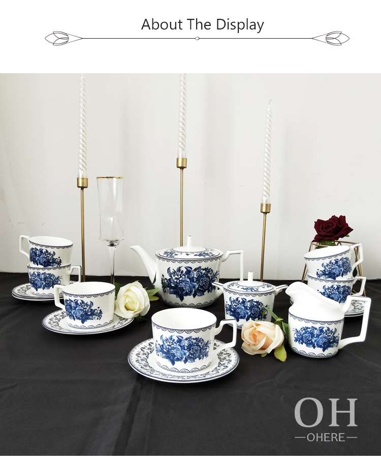 2022 New Style bone china blue and white porcelain peony coffee cup and saucer for banquet and meeting