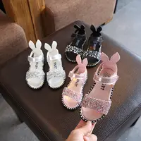 Sandalias romanas para niñas, de 1 a 12 años, con orejas de conejo, con lentejuelas y diamantes de imitación, para verano, 2022