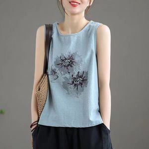 Cotton Linen Camisole Vest For Women Pink Artistic Floral Print Loose Fit Summer Top Breathable Outerwear <b>Base</b> <b>Layer</b> - Product Image 2